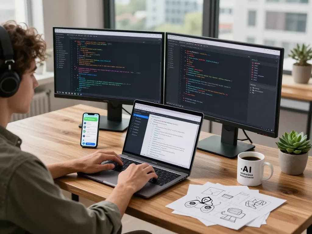 Developer using clawd bot on dual monitors in modern home office.