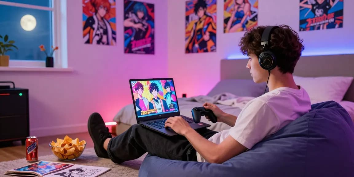 Engaging gamer playing an ecchi game in a vibrant bedroom with anime decor.