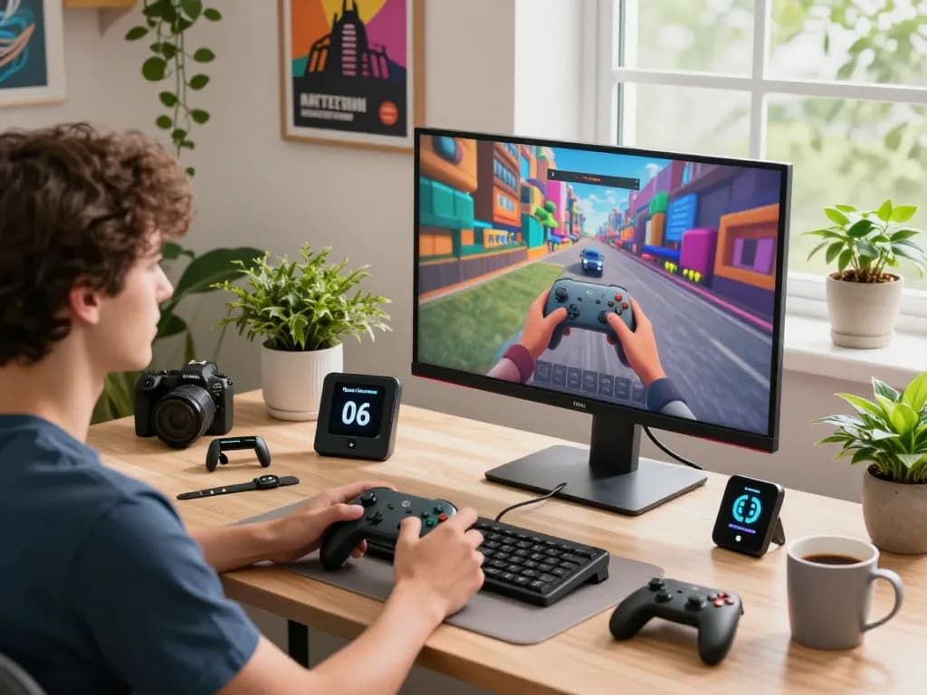 Affordable tech gadgets showcased in a vibrant workspace with Bluetooth gaming controller, smartwatch, and smart kitchen tools.