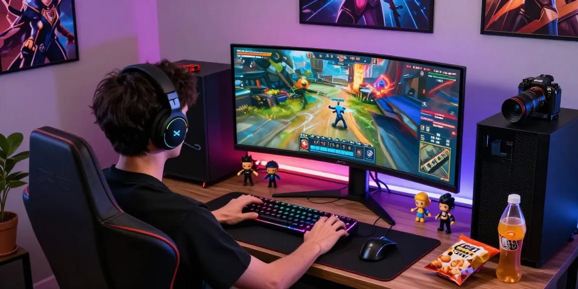 Pengguna boswin88 sedang bermain di ruang game modern dengan monitor canggih dan aksesoris gaming.