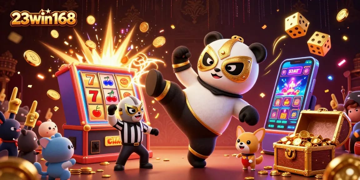 Engage with exciting action in 23win168's casino world, featuring a vibrant 3D scene of winning moments and gaming excitement.