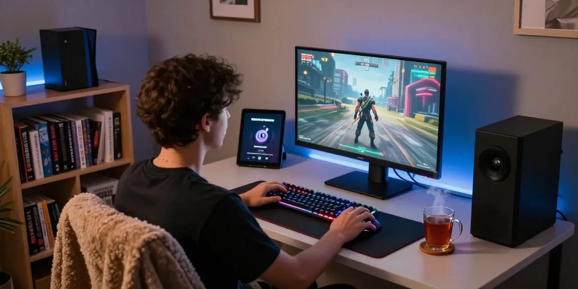 Cozy bedroom scene featuring a player immersed in an NSFW game with gaming accessories and ambient lighting.