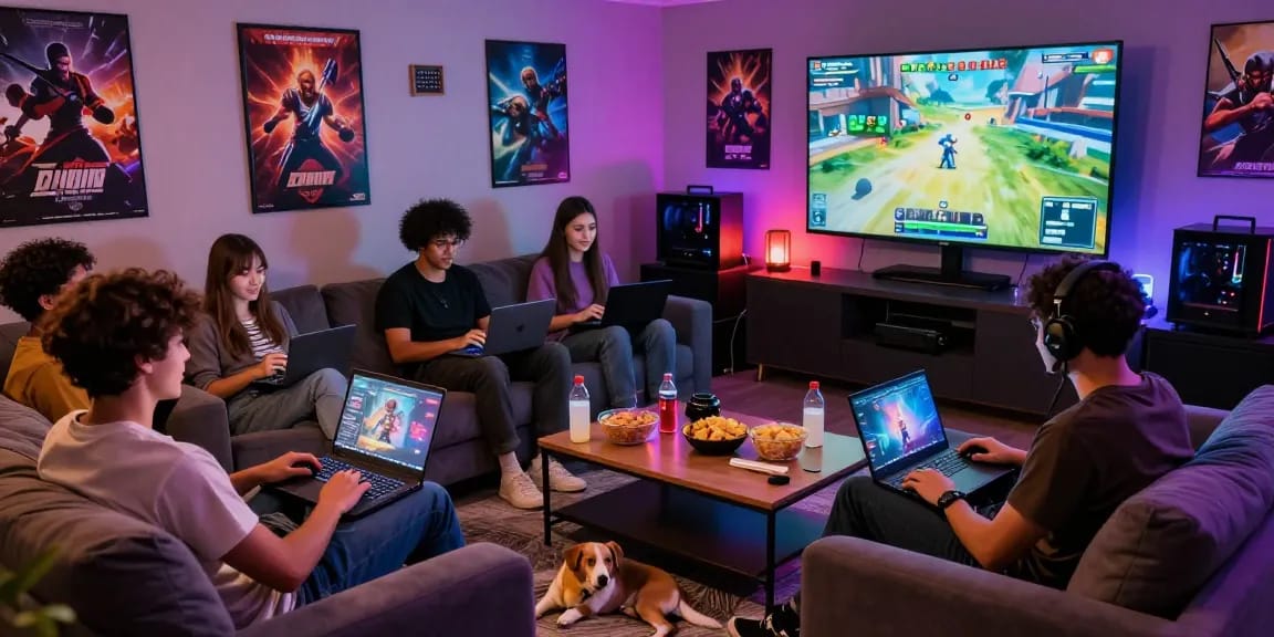 Friends enjoying adult games together in a digital lounge setting.