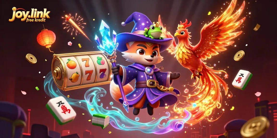 Engage with joy.link free kredit in a vibrant casino scene featuring a wizard fox and phoenix.