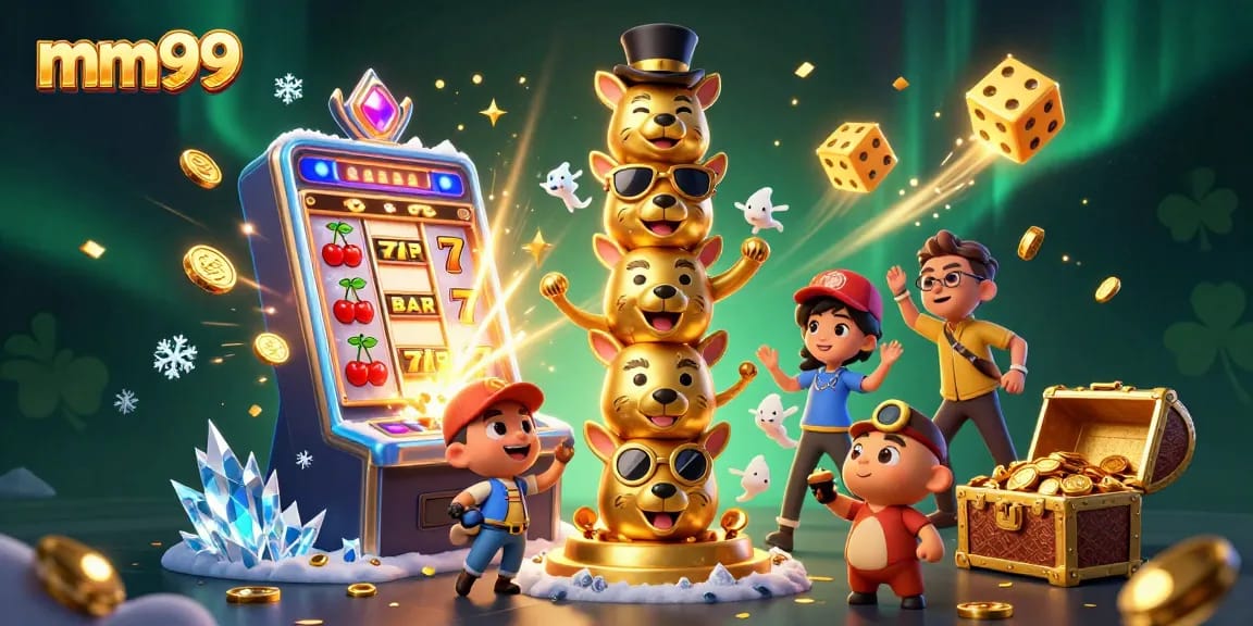 Experience excitement at mm99 with a rich 3D casino illustration of vibrant gaming and winning elements.