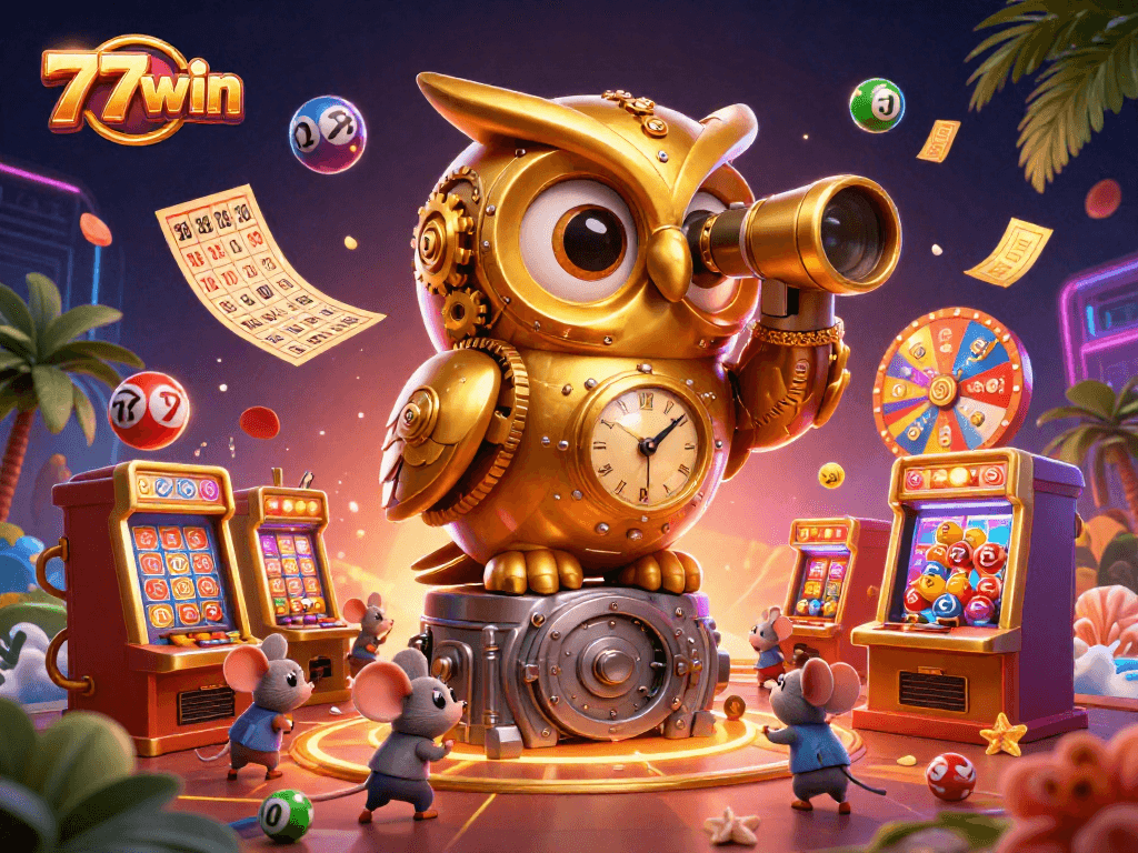 Experience exciting gameplay at 77win with a vibrant 3D illustration featuring dynamic casino action.
