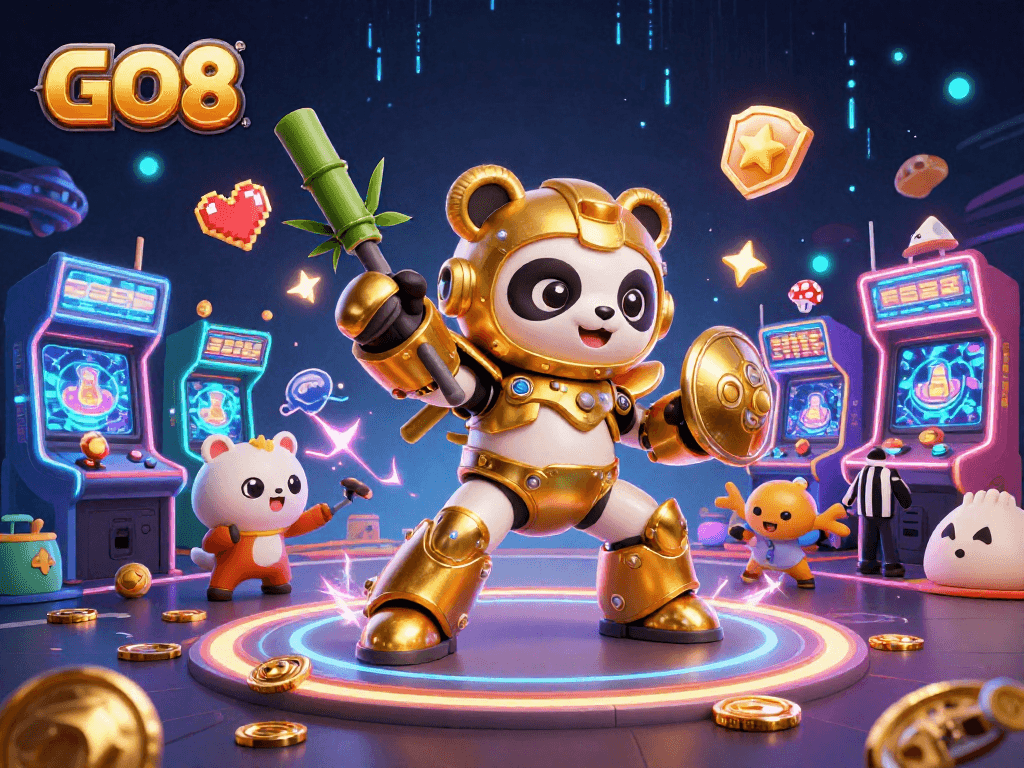 Engage with GO8's thrilling casino adventure with a mech-suit panda in a game-filled arena!