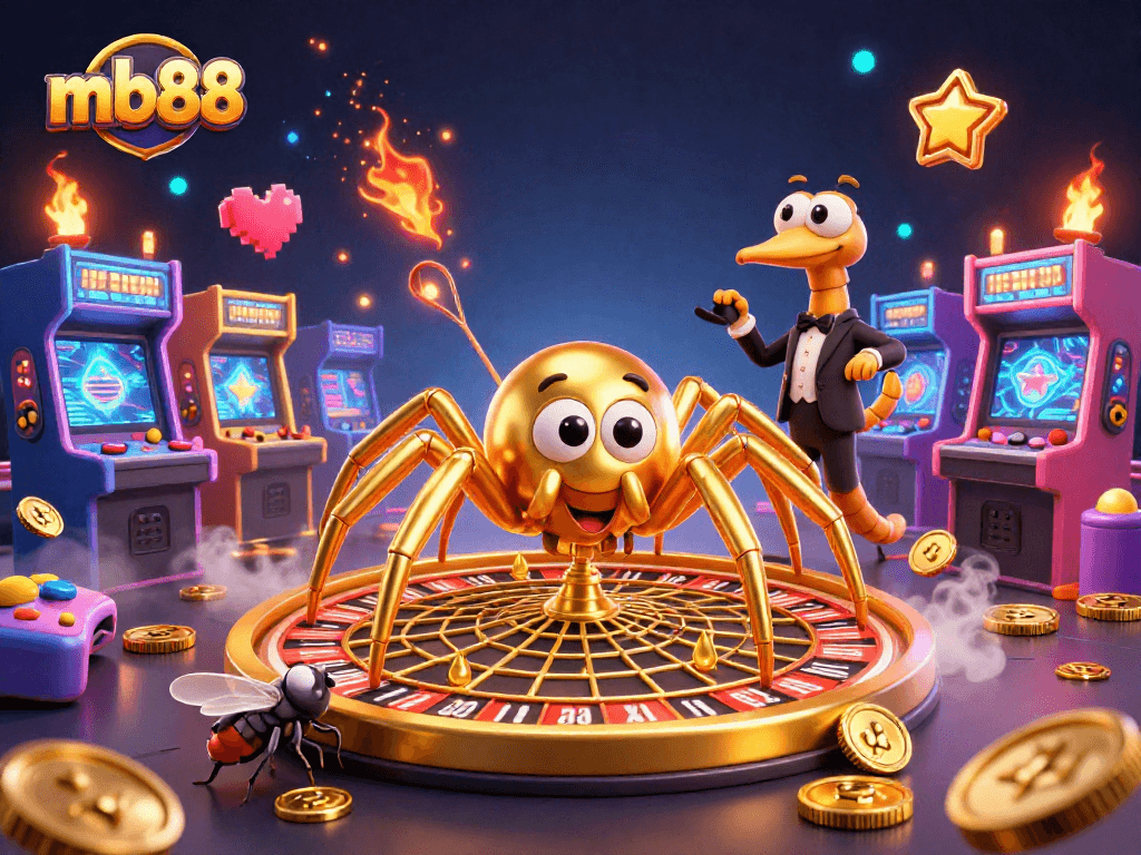 Engage with mb88's gambling excitement as a fly nervously bets in a golden roulette web created by a spider.