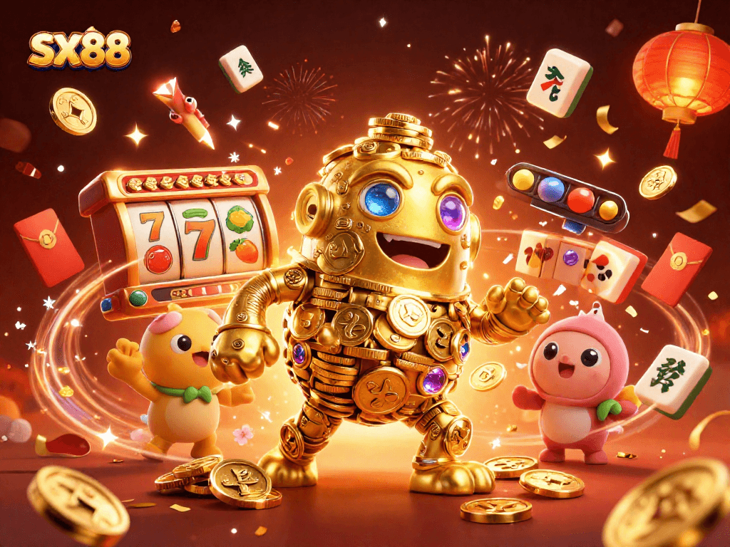 SX88 captivates with a vibrant 3D scene of a golden golem surrounded by colorful slot game elements and festive decorations.