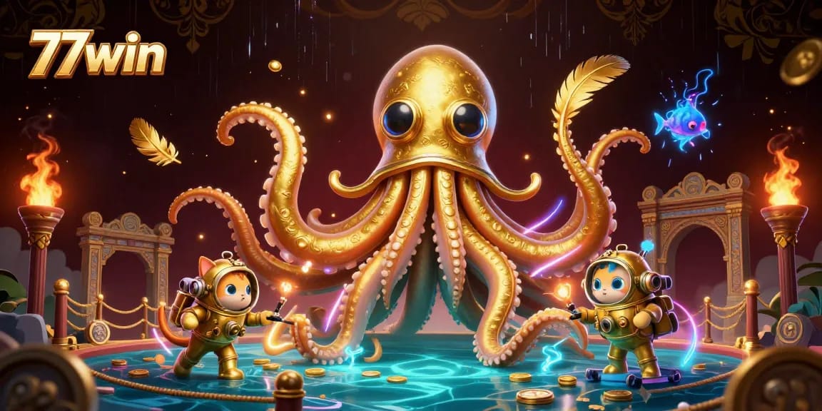 Experience the excitement of 77win with a vibrant casino themed illustration featuring a kraken and vintage diver.