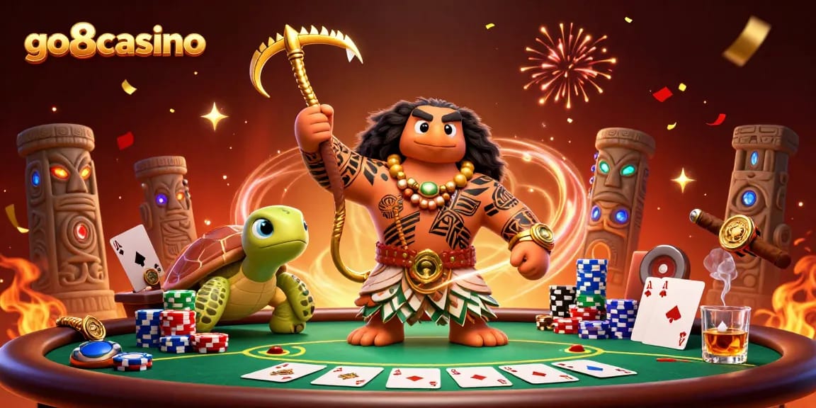 Bet on winning hands at go8casino: vibrant 3D illustration of poker with captivating characters.