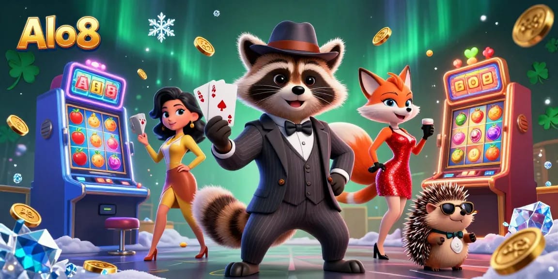 Alo8 showcases a raccoon in a poker scene animated with fun slot elements, jackpot counters, and vibrant coins.