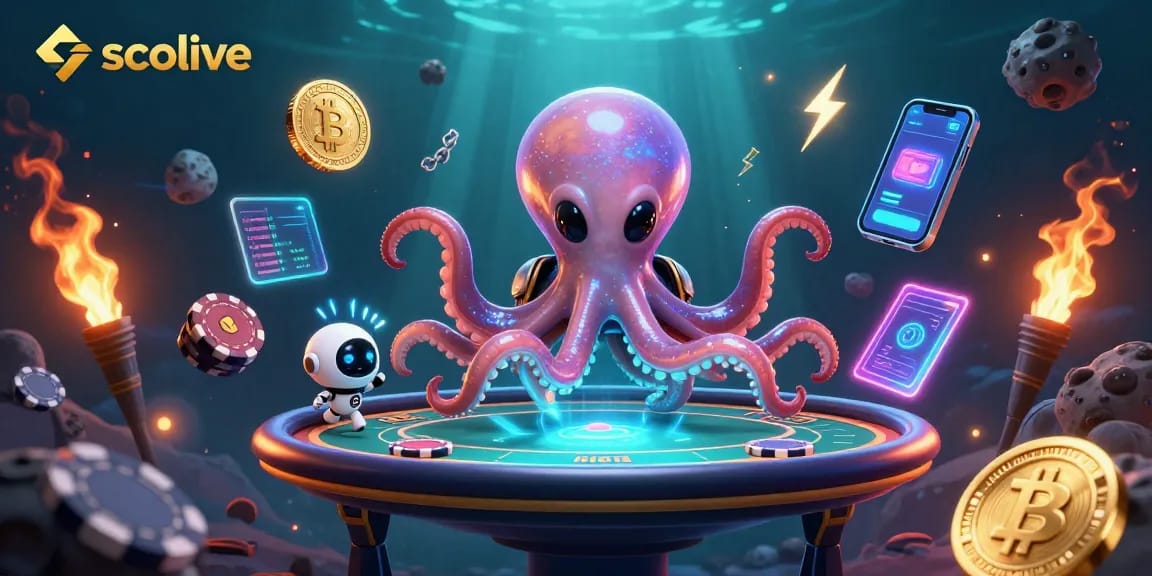 Engage with Socolive as the alien octopus deals vibrant poker games in a cosmic casino setting.