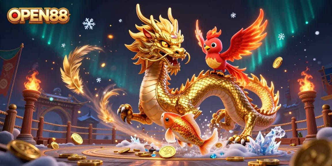 Engage in thrilling gameplay with OPEN88 featuring a dragon, phoenix, and koi fish in a vibrant casino scene.