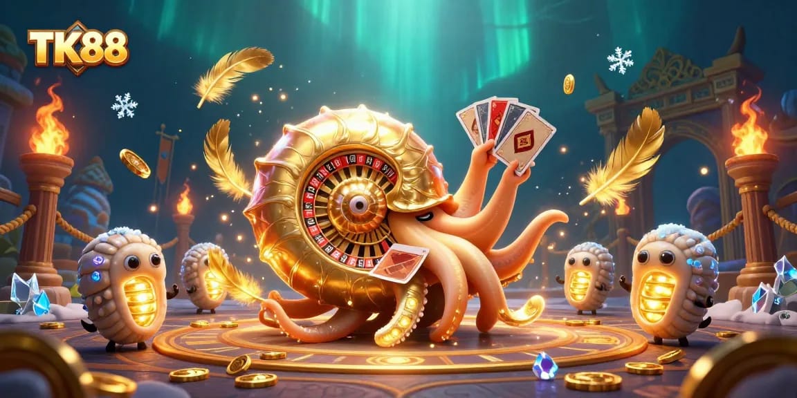 Winning at TK88 with ancient nautilus and gambling tokens amid vibrant casino themes.