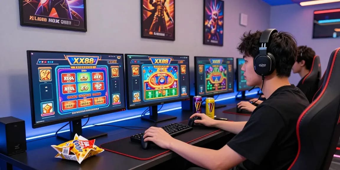 Gamer enjoying online casino games at https://xx88.se.net/ surrounded by vibrant gaming setup and snacks.