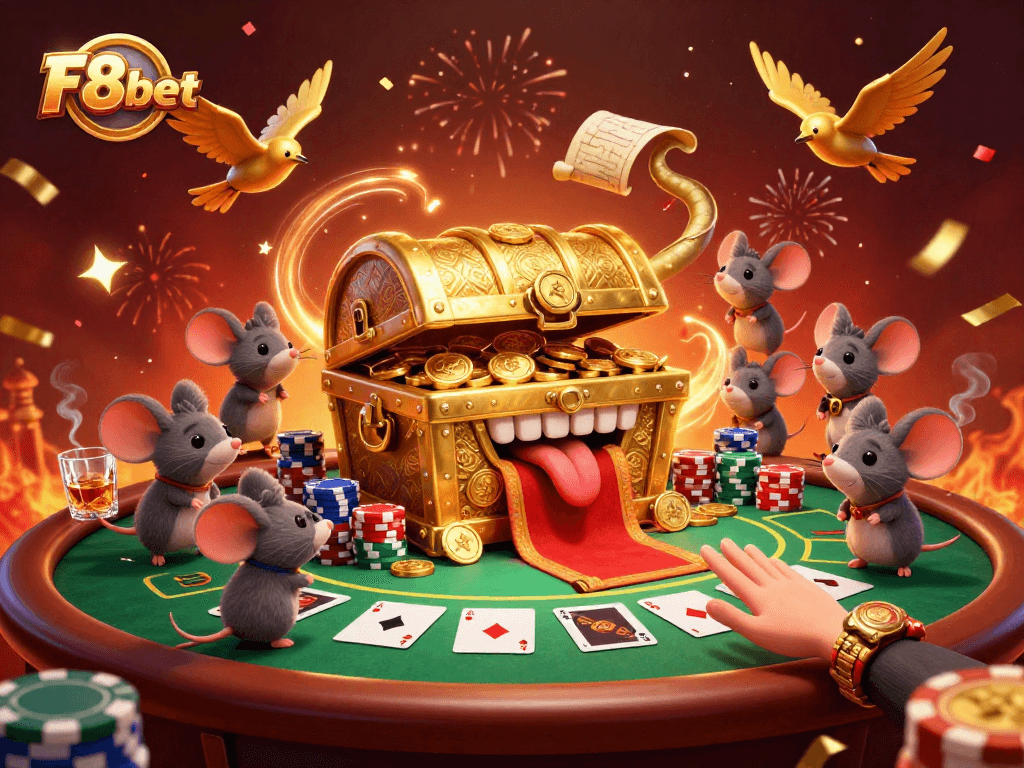Engage with F8bet's thrilling poker scene featuring golden treasures and celebration effects.