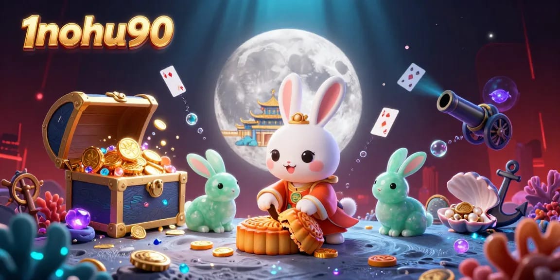 Engage with the fun at 1nohu90 while enjoying a vibrant 3D illustration of a moon rabbit and poker chips.