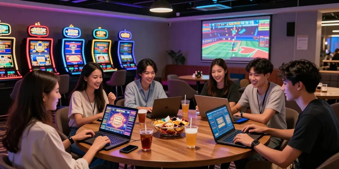 Experience the excitement at a trusted Malaysia online casino gaming lounge with players enjoying vibrant slots and live esports.