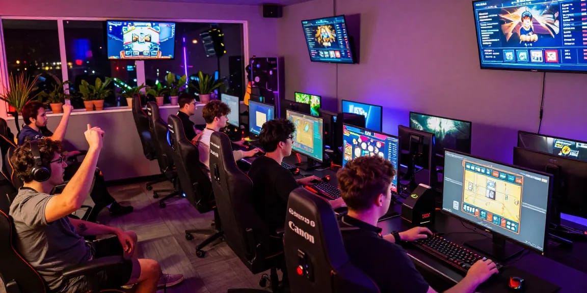 Exciting gaming lounge showcasing the B52CC platform with players engaged in competitive gameplay.
