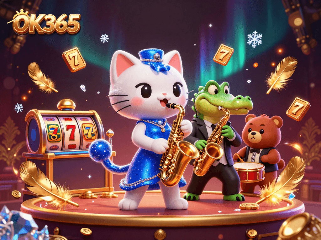 Engage with OK365's vibrant casino scene featuring a jazzy singer cat, saxophone crocodile, and drumming bear.