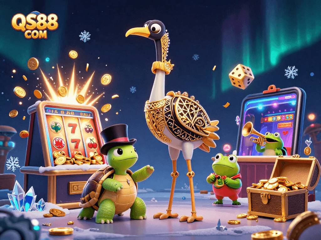 Experience thrilling gameplay with QS88 COM’s dynamic scene featuring slot machines and vibrant characters.