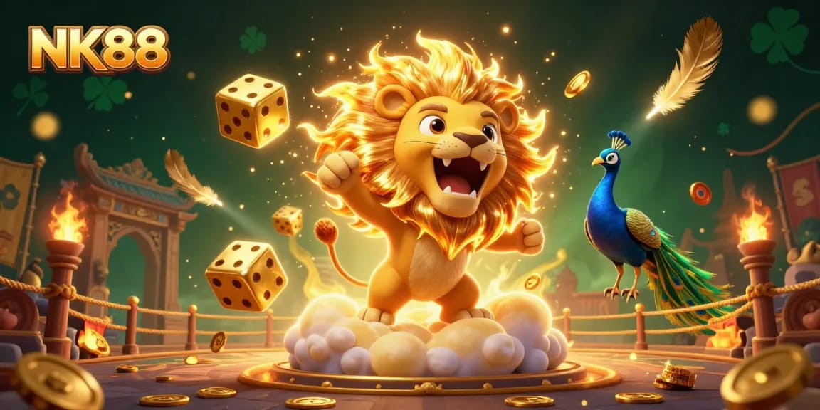 Experience the thrill of NK88 with a roaring lion, golden dice, and dynamic gaming elements.