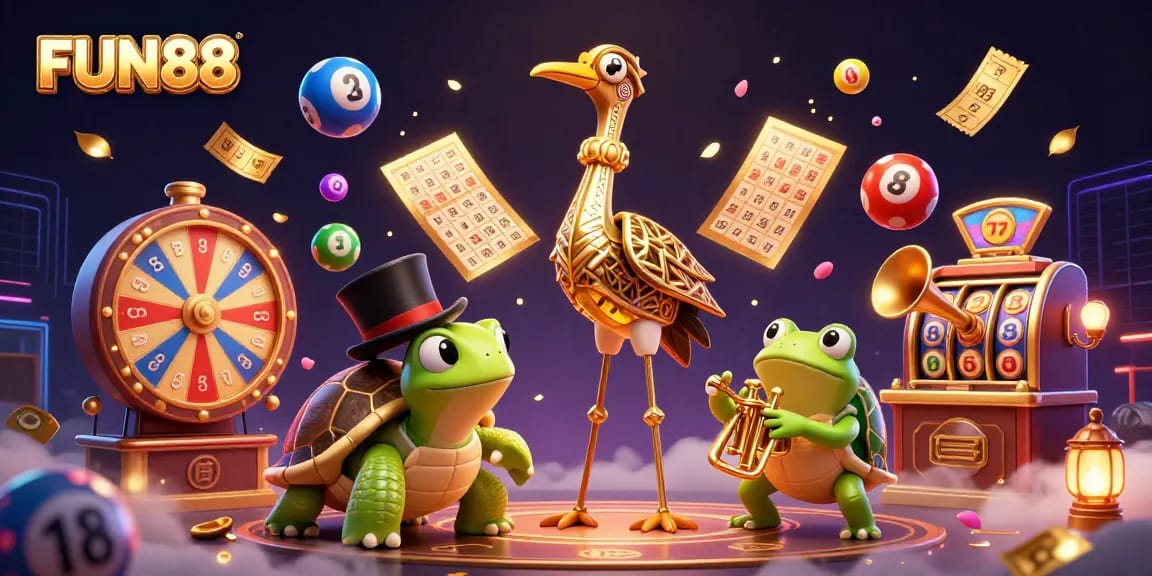 Experience excitement with FUN88's colorful casino atmosphere featuring lively characters in a dynamic digital scene.