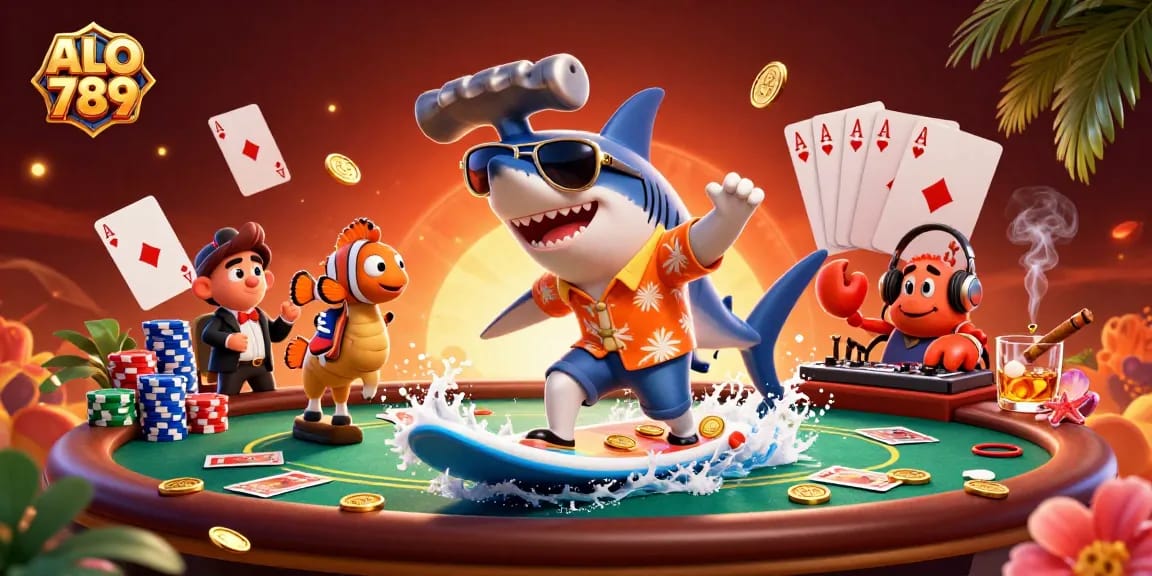 Experience the excitement of ALO 789 with a vibrant 3D illustration showcasing a shark and friends celebrating around casino elements.