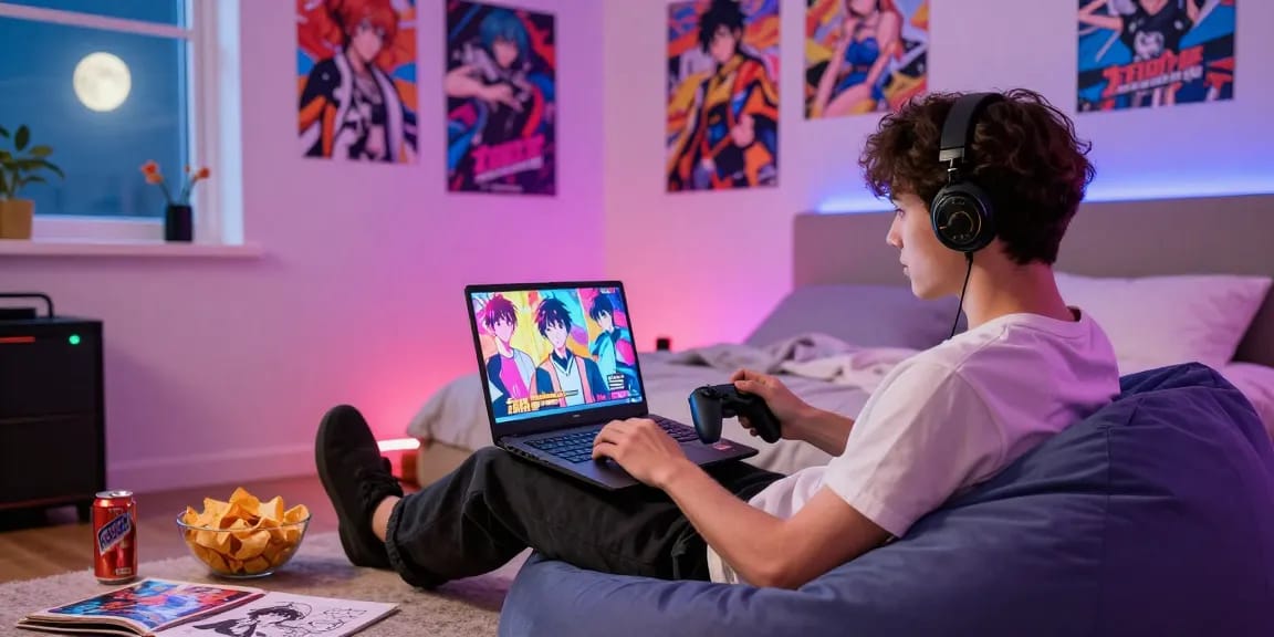 Engaging gamer playing an ecchi game in a vibrant bedroom with anime decor.