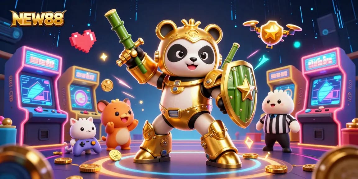 Experience thrilling casino action with NEW88's lively gaming scene featuring a panda mech and vibrant arcade machines.
