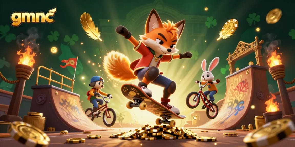 Experience thrilling adventures with gmnc as a skateboarder fox performs tricks over golden poker chips in a dynamic casino setting.