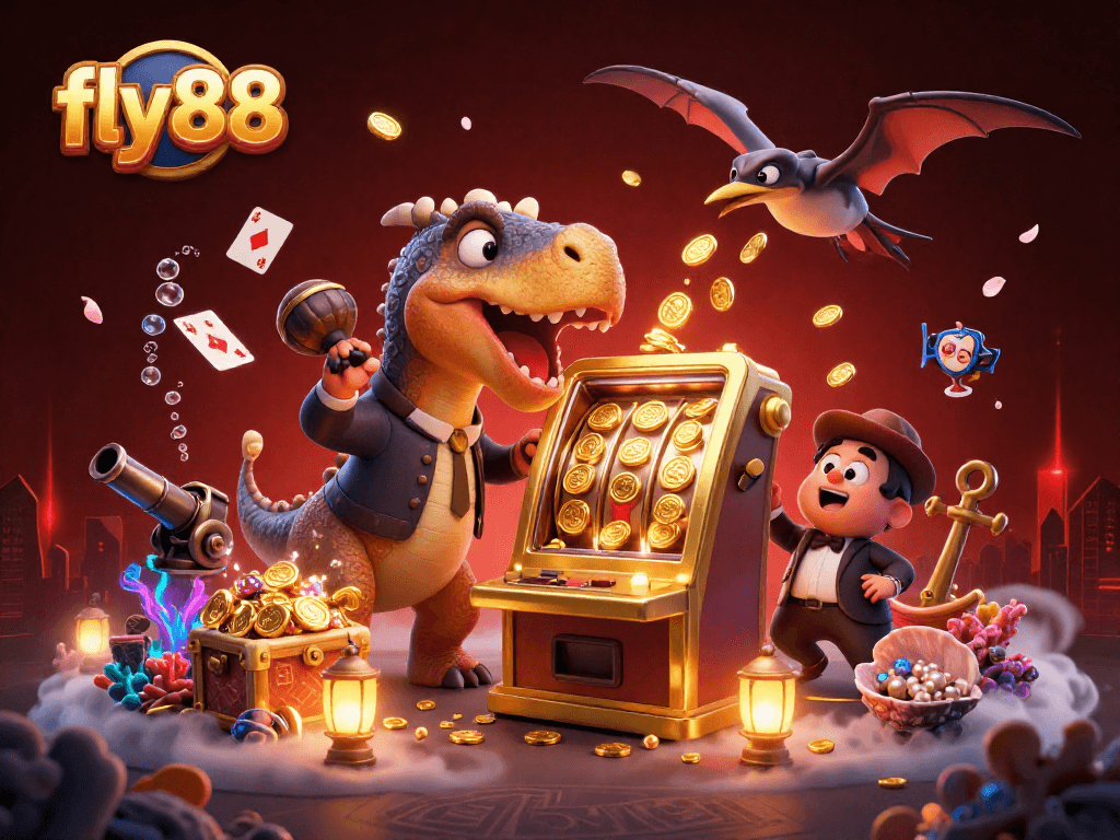 Experience fly88 excitement with a cartoon pachycephalosaurus triggering jackpot coins from a slot machine.