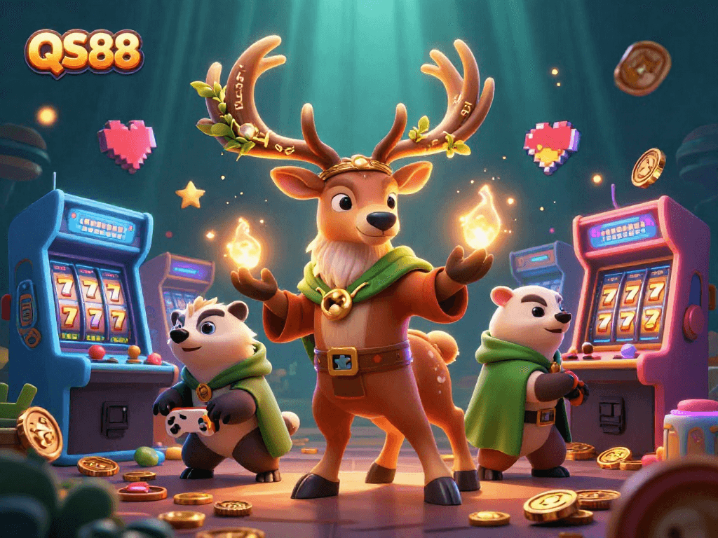 Experience thrilling slots and gameplay at QS88 with a dynamic casino-themed illustration.