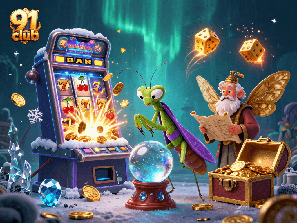 Win big at 91 club with vibrant casino game elements and mystical characters in an exciting scene.