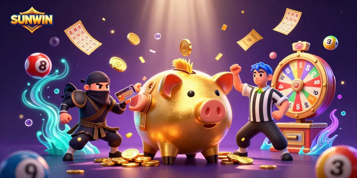 SUNWIN players enjoy vibrant action with a golden piggy bank sumo wrestler and lively casino elements.