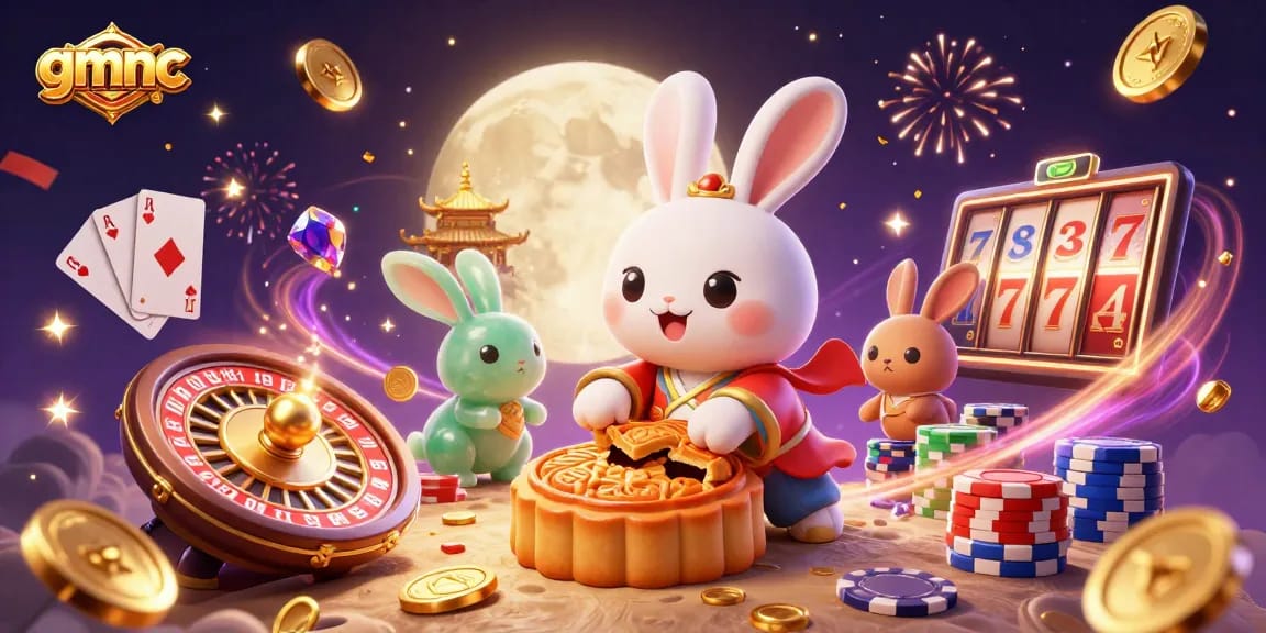 Spin and win with gmnc in a vibrant 3D casino world featuring a moon rabbit and poker elements.