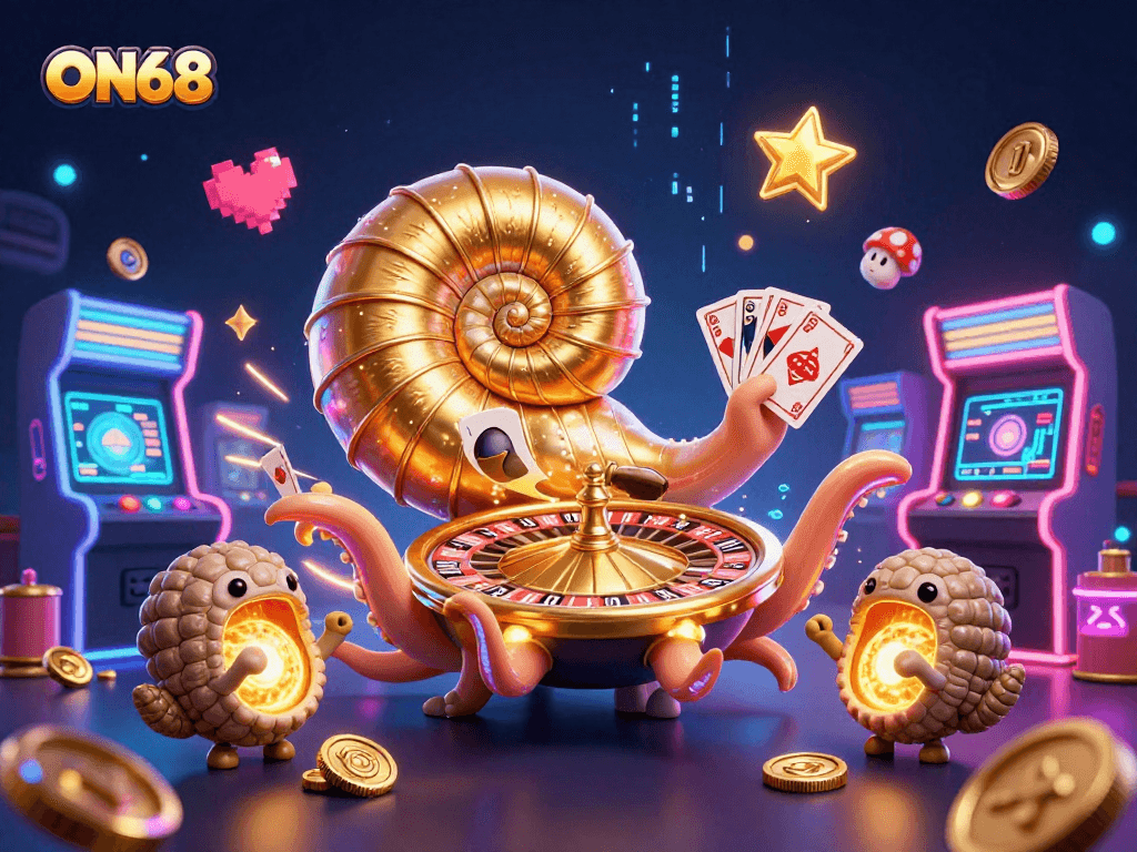 Engage with ON68’s vibrant casino world, featuring a giant nautilus roulette wheel and glowing gaming elements.