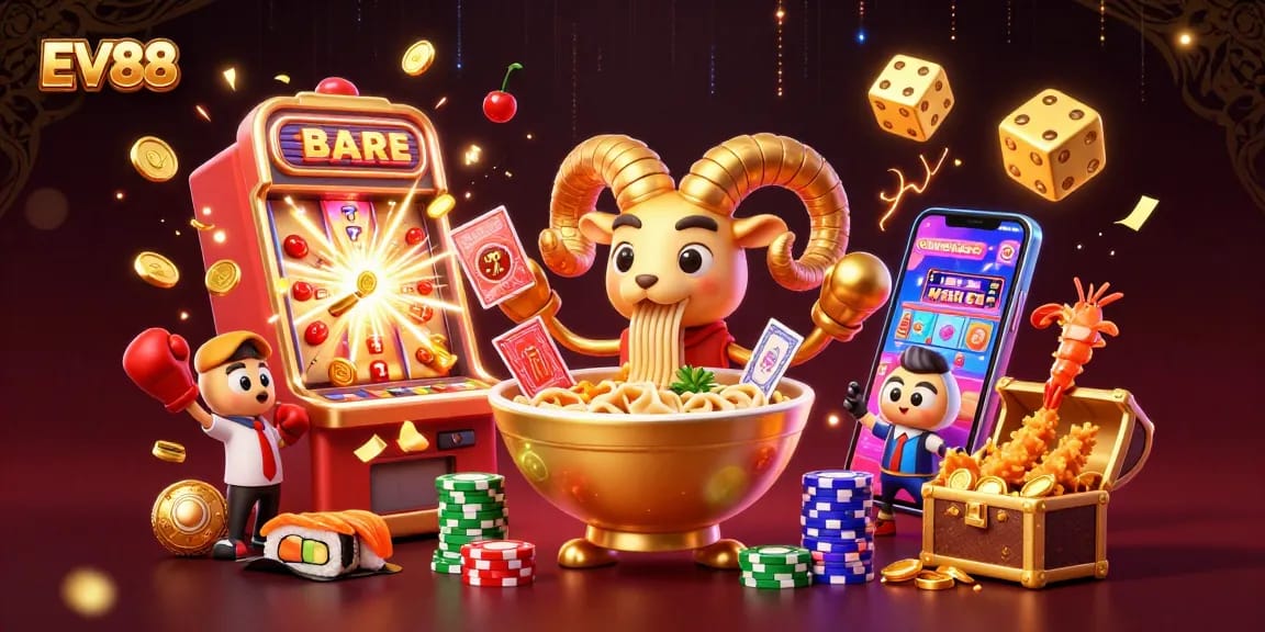 Engage with EV88's thrilling casino world as golden ramen deals cards amidst a jackpot explosion.