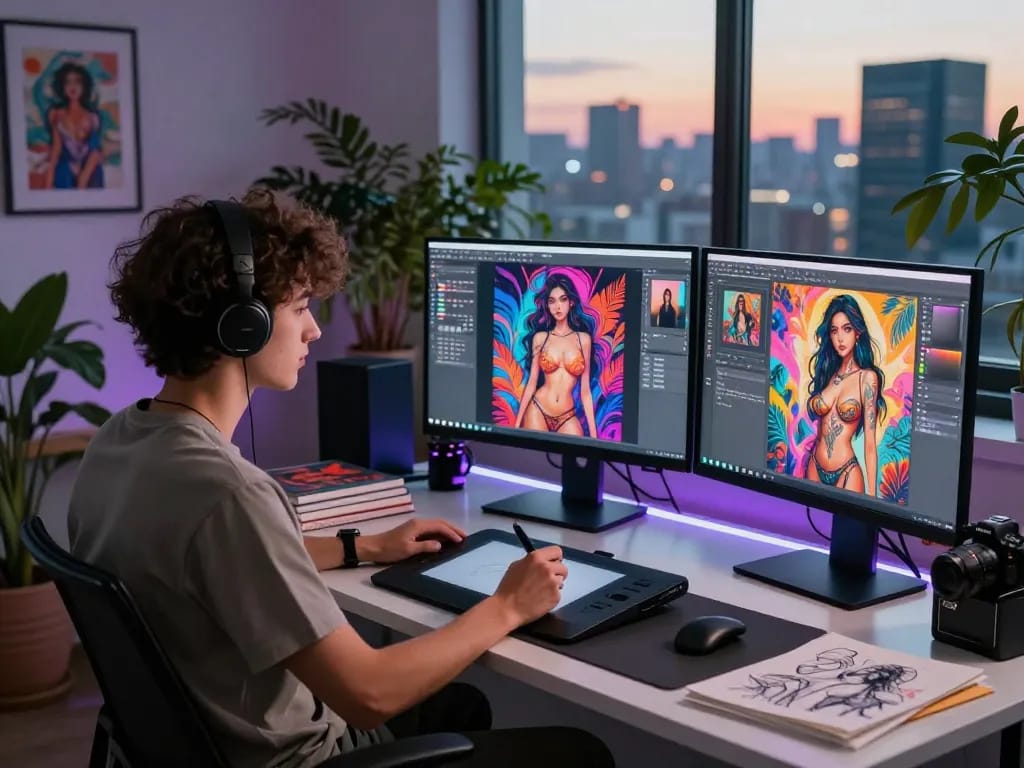Digital artist creating AI-generated erotic art in a vibrant studio