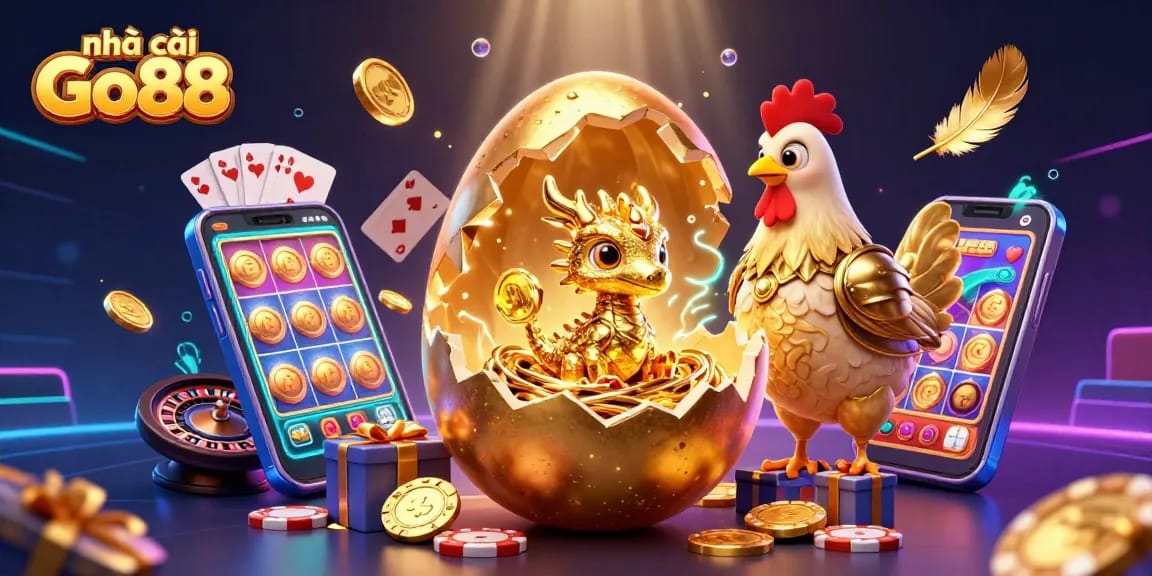 Engage with nhà cái Go88 as the golden dragon reveals poker chips in an exciting gambling scene.
