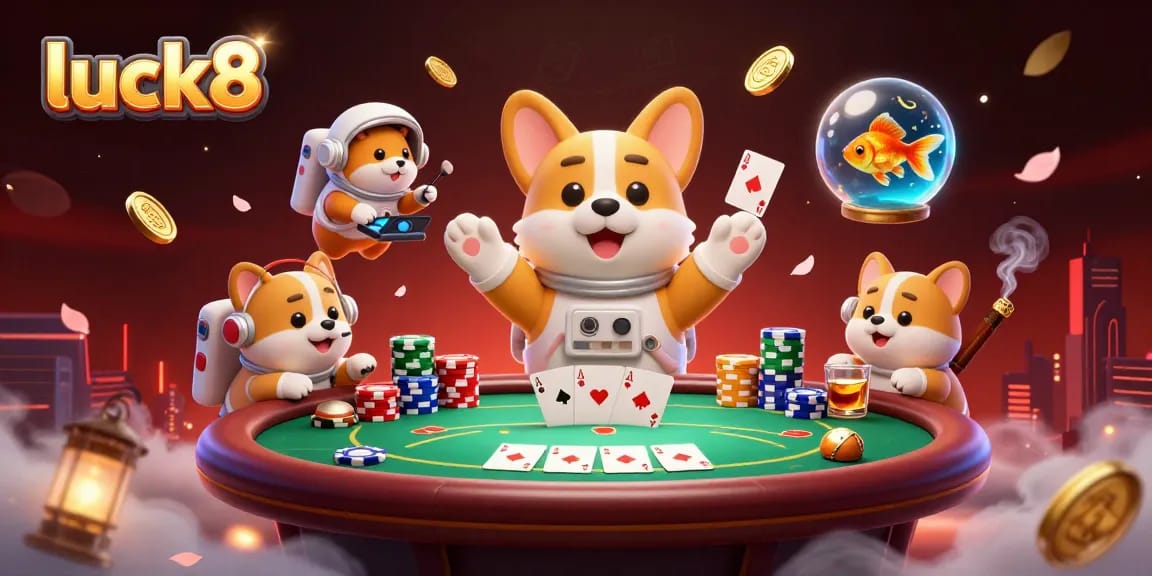 Experience luck8 in a dynamic space station casino scene with a floating corgi and abundant poker elements.