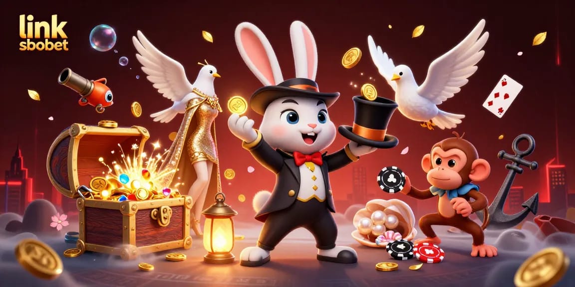 Experience the thrill of link sbobet with a magical rabbit, glamorous dove, and monkey surrounded by casino elements.