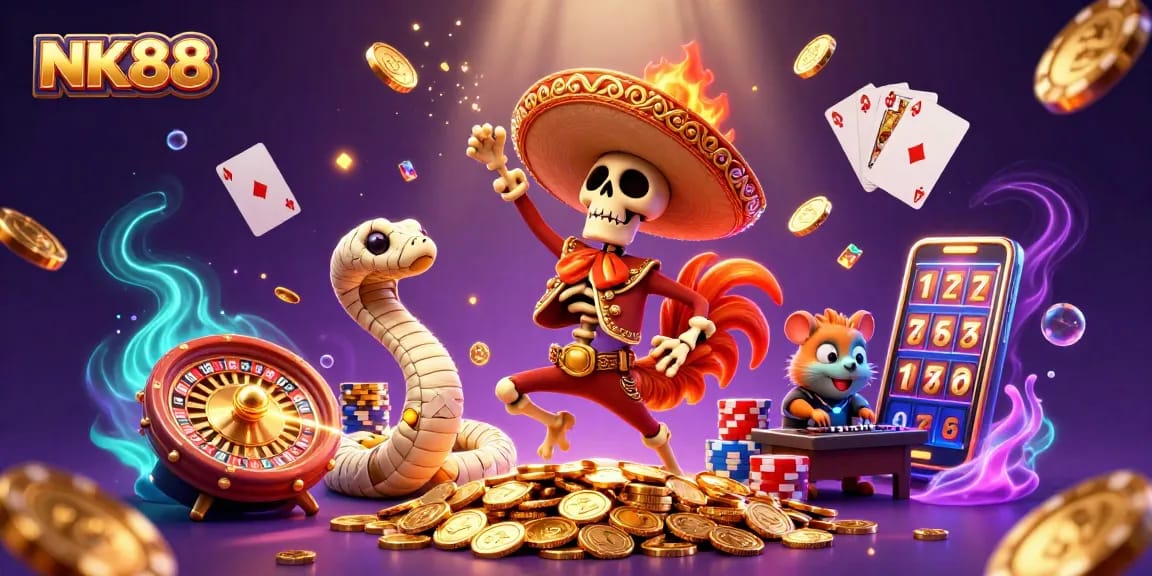 Win big at NK88 with vibrant 3D casino characters celebrating around golden coins.