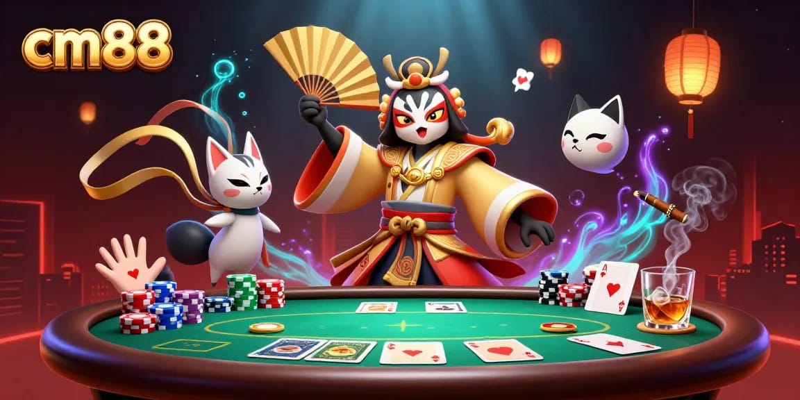 Experience thrilling poker action with cm88 as vibrant characters and chips surround a dynamic game scene.
