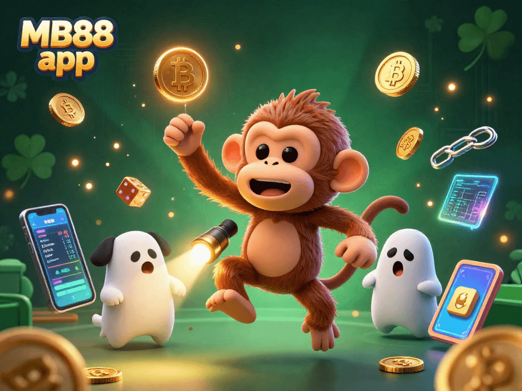 Experience thrilling gameplay with the MB88 app, tracking a mischievous poltergeist monkey juggling golden casino goods.