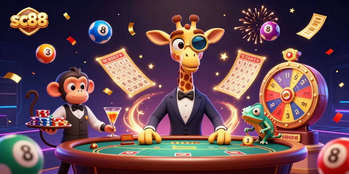 Join in the fun at sc88, where a high-roller giraffe and friends celebrate with exciting casino games!