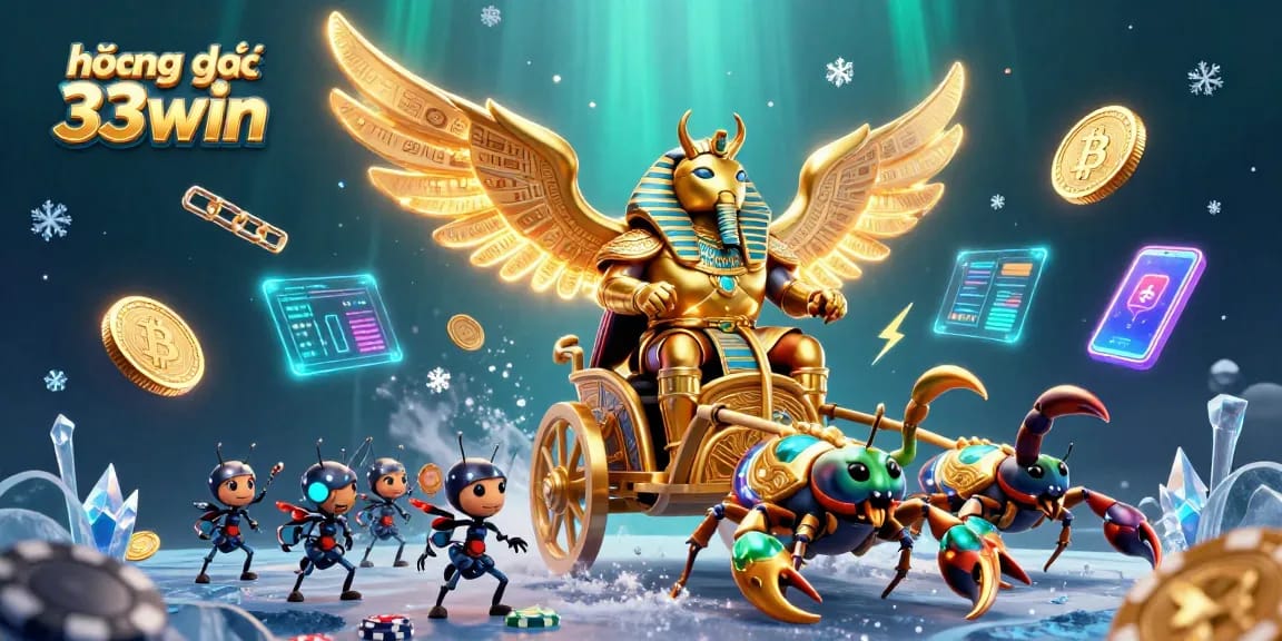 Engage with 33win's gaming experience, featuring golden beetles and scorpions amidst digital gambling elements.