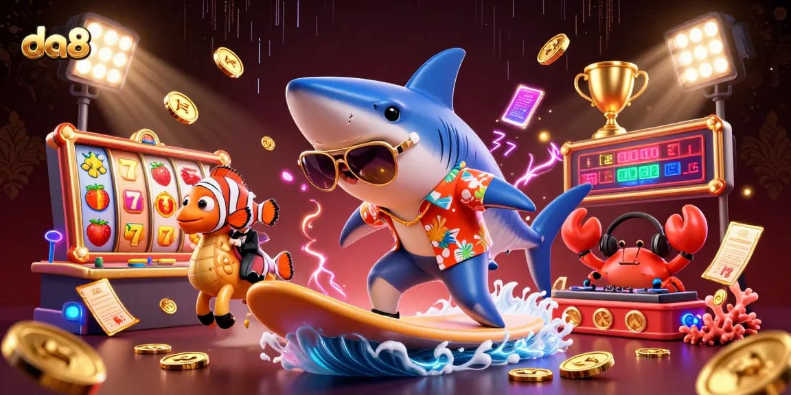 Engage with exciting da88 casino action featuring a shark surfing on gold coins alongside dynamic slot reels.