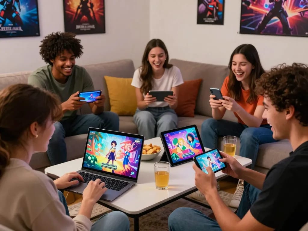 Play porn games with friends on various devices in a vibrant living room setting.